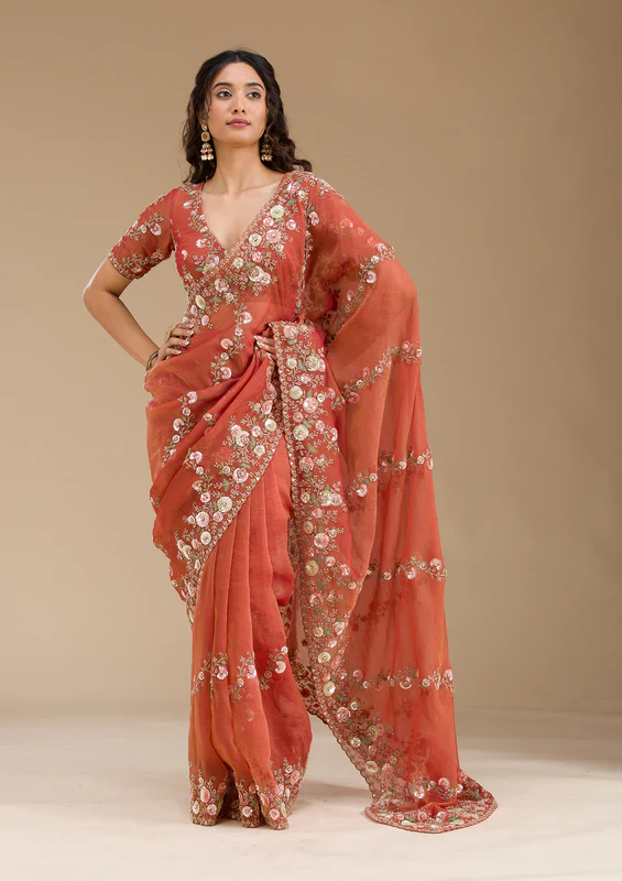 Rust Sequins Tissue Saree